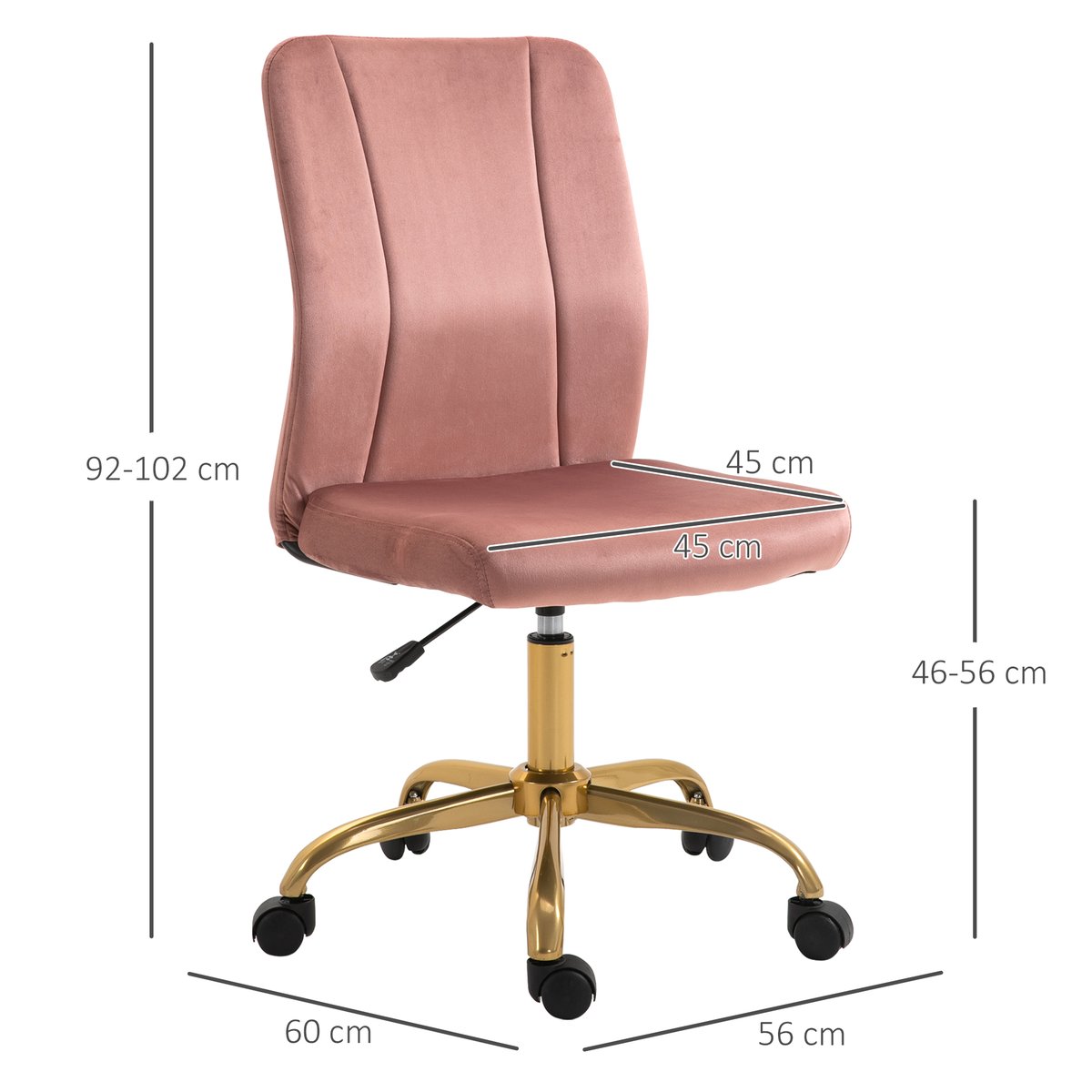 Chaise de bureau Velours (100% polyester) rose, doré, HOMCOM