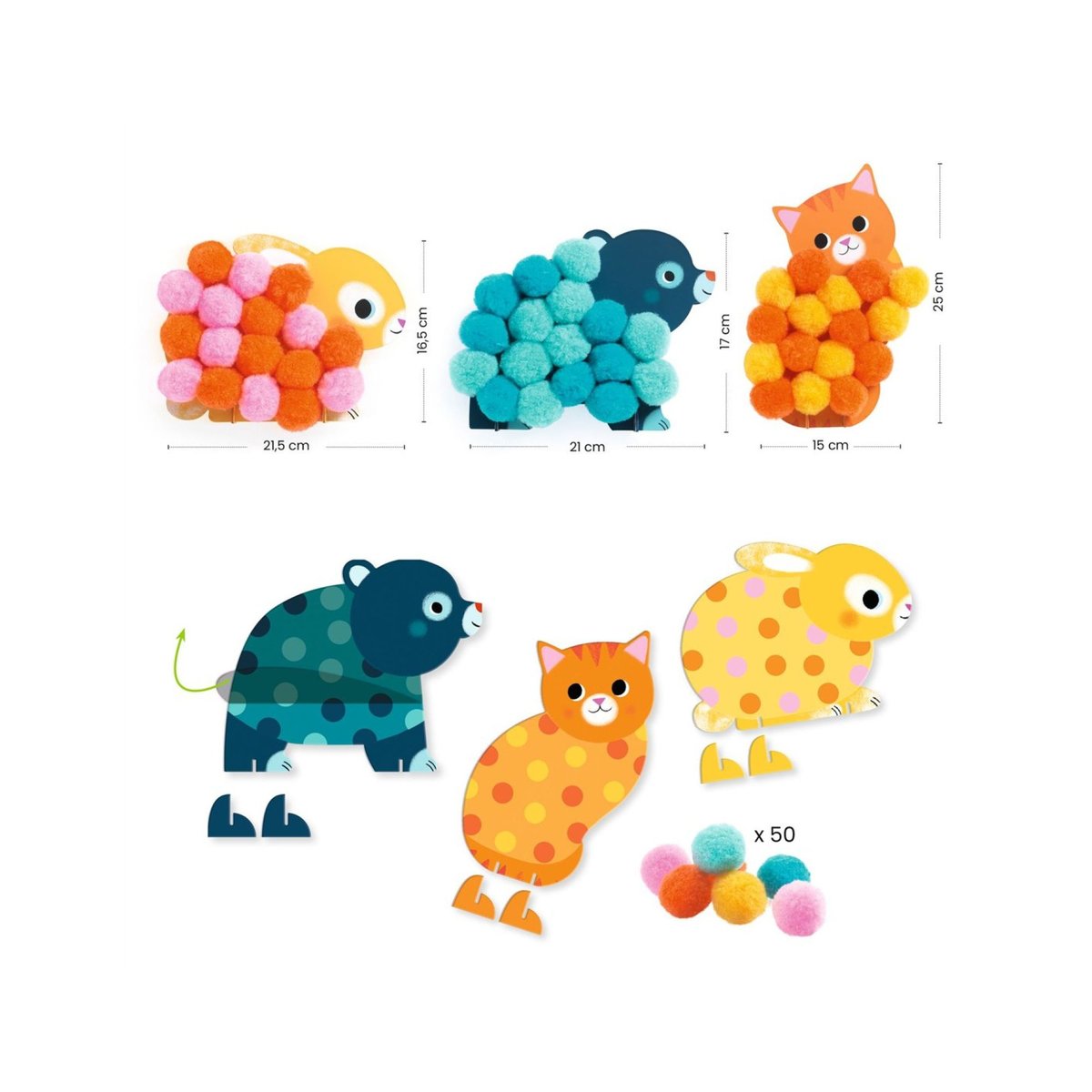 Coffret activités de collages de pompons Animaux et ronds pompons couleur unique, DJECO