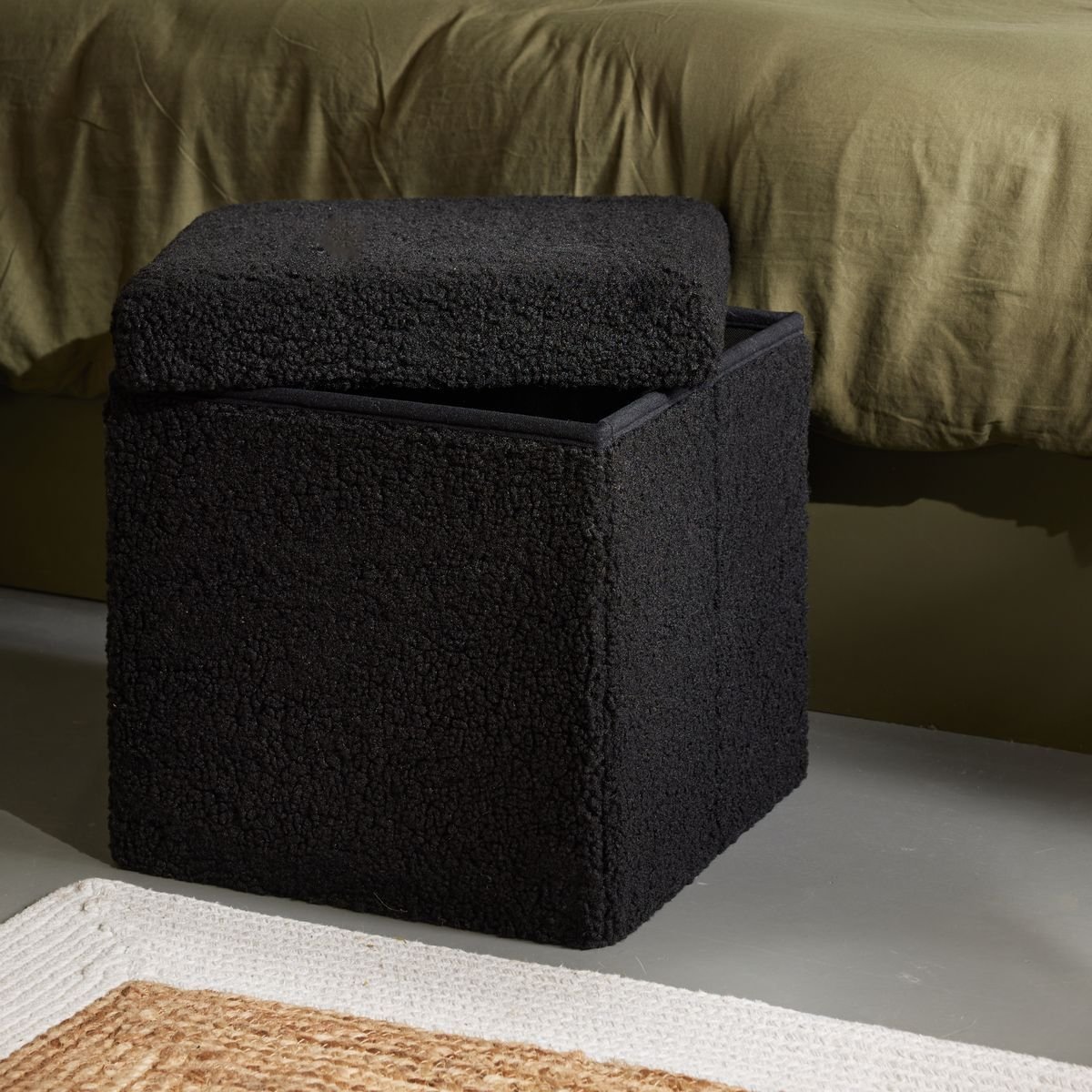Pouf coffre carré en tissu bouclette MOKA noir, FACTORY