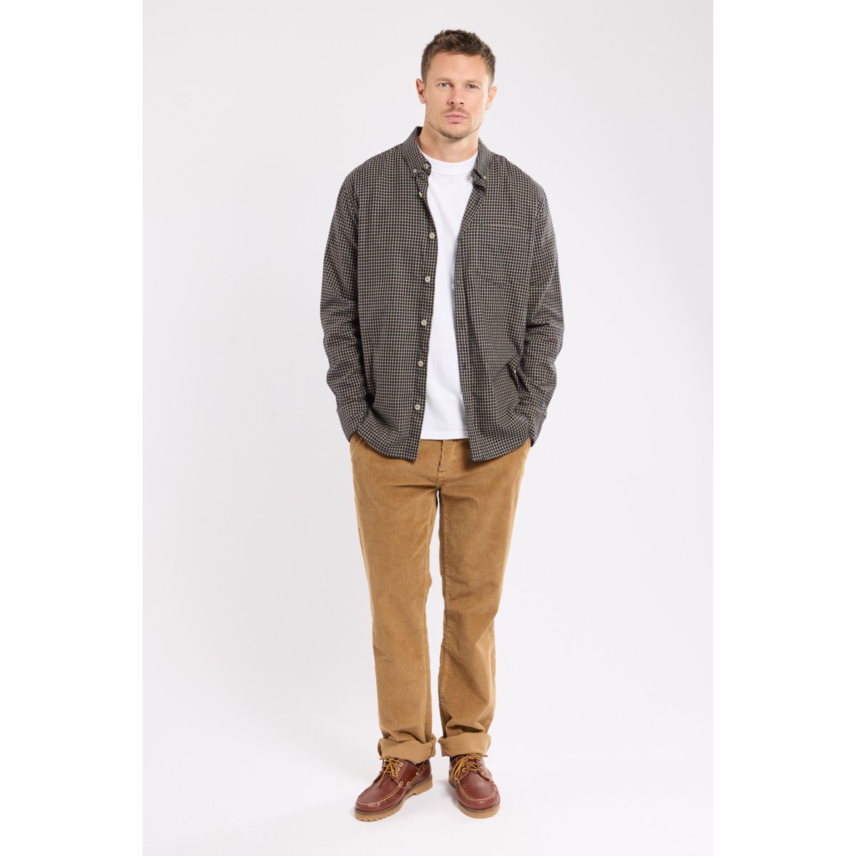 Chemise coupe droite HERITAGE en coton flanelle pour homme carreaux marine/beige, ARMOR-LUX