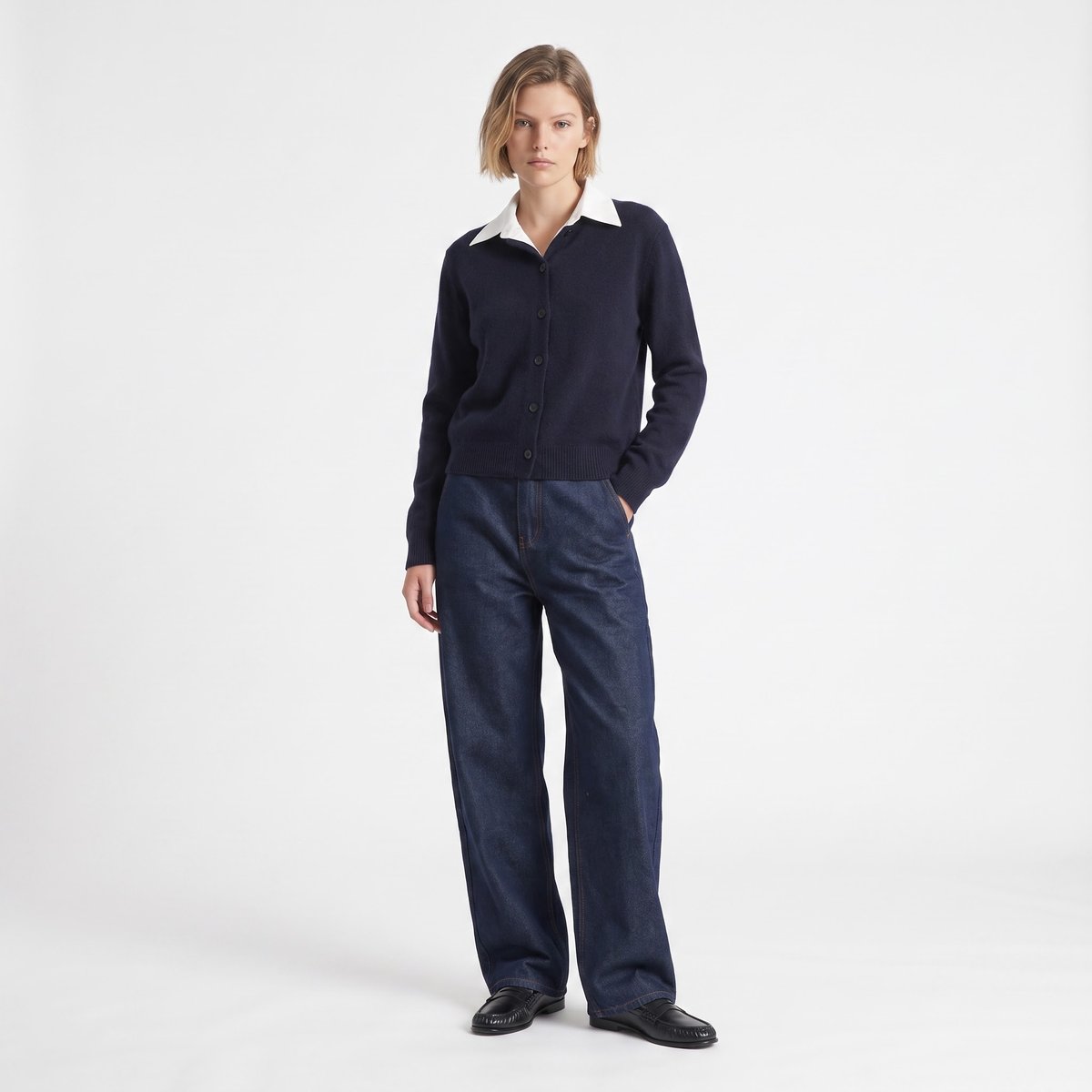 Cardigan court pour femme avec col chemise intégré en alpaga ANERIE navy, ARTLOVE
