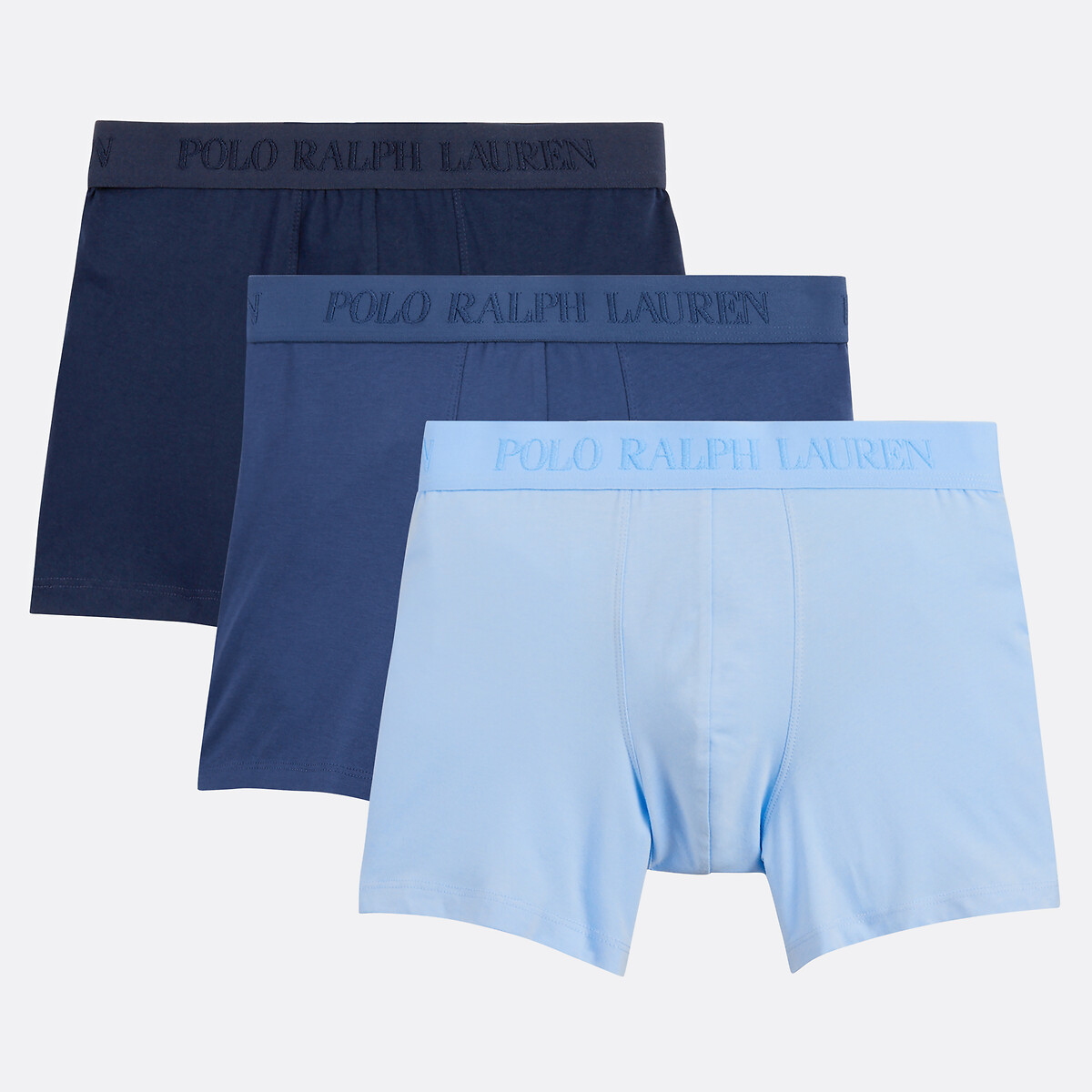 Lot de 3 slips boxers coton stretch bleu marine + bleu + bleu ciel, POLO RALPH LAUREN