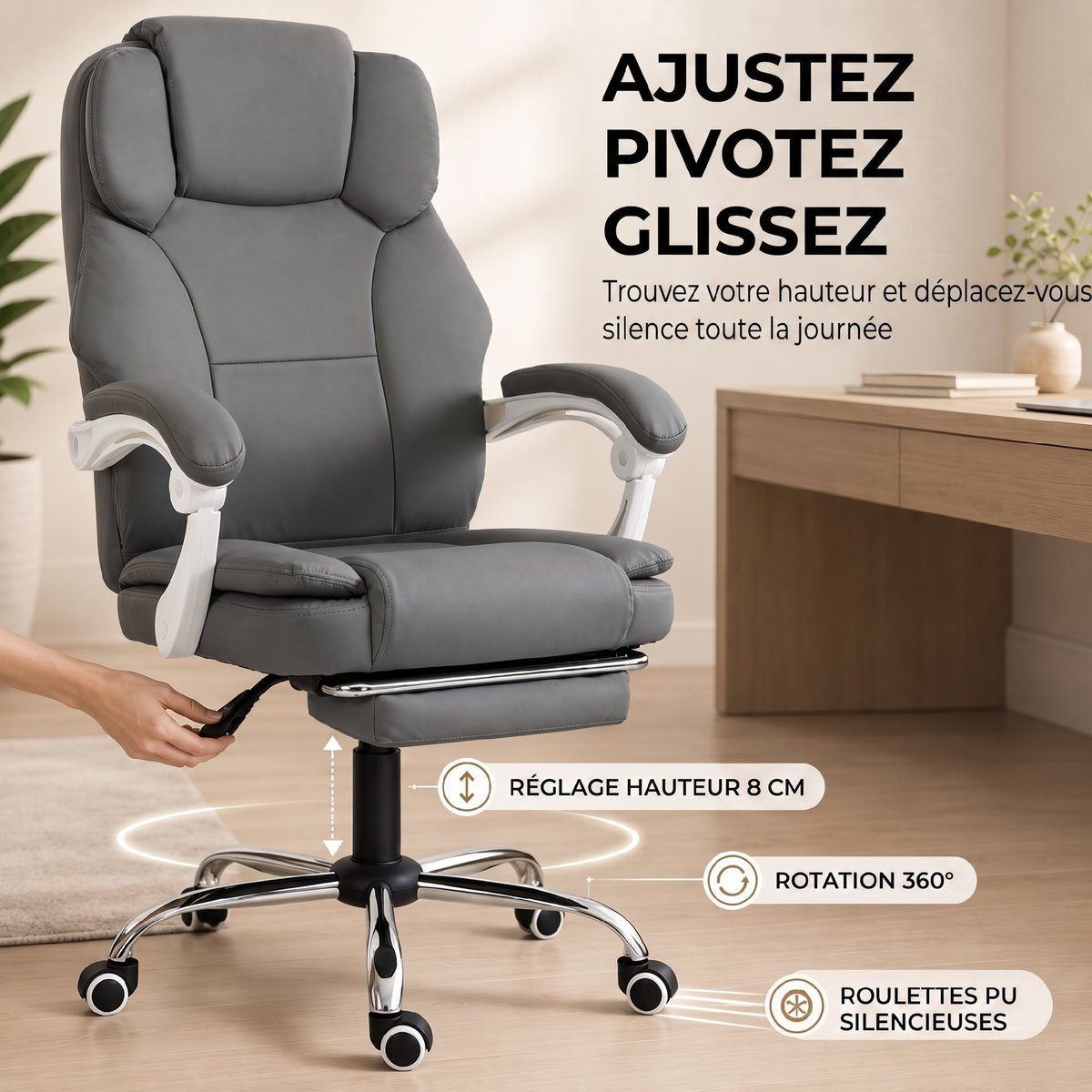 Chaise de bureau Cuir synthétique adapté aux gris, HOMCOM