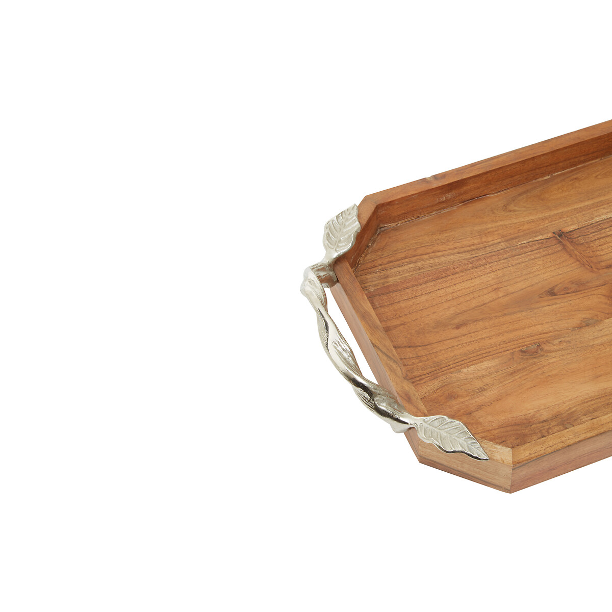 Acacia Wood Tray with Aluminium Leaf Handle brown, SO'HOME