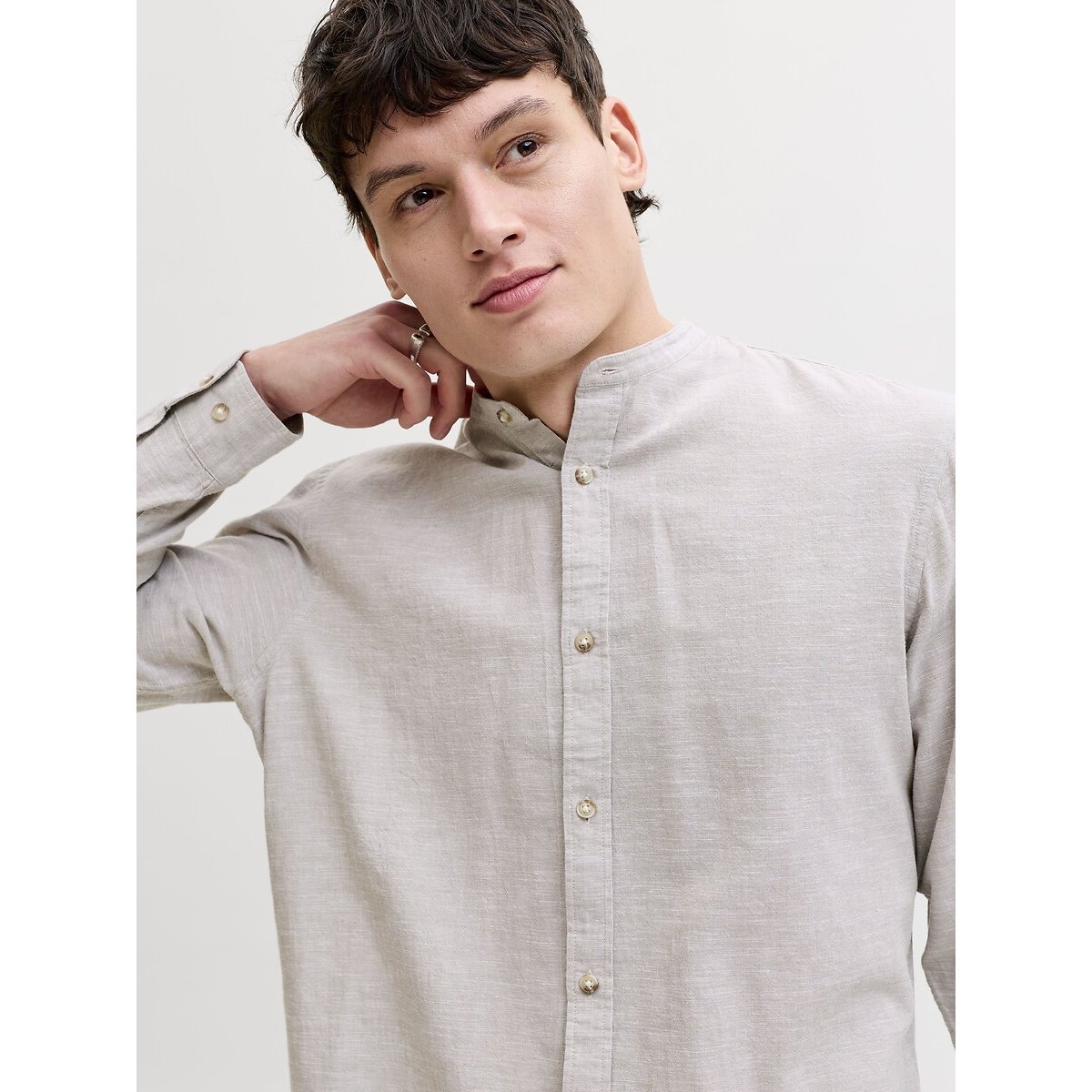 Camicia con collo alla coreana beige, JACK & JONES