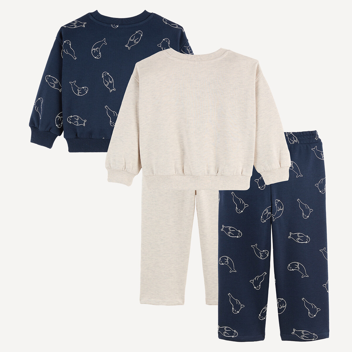 Lote de 2 conjuntos para combinar, sweats de gola redonda e calças de desporto, em moletão azul-marinho + bege, LA REDOUTE COLLECTIONS