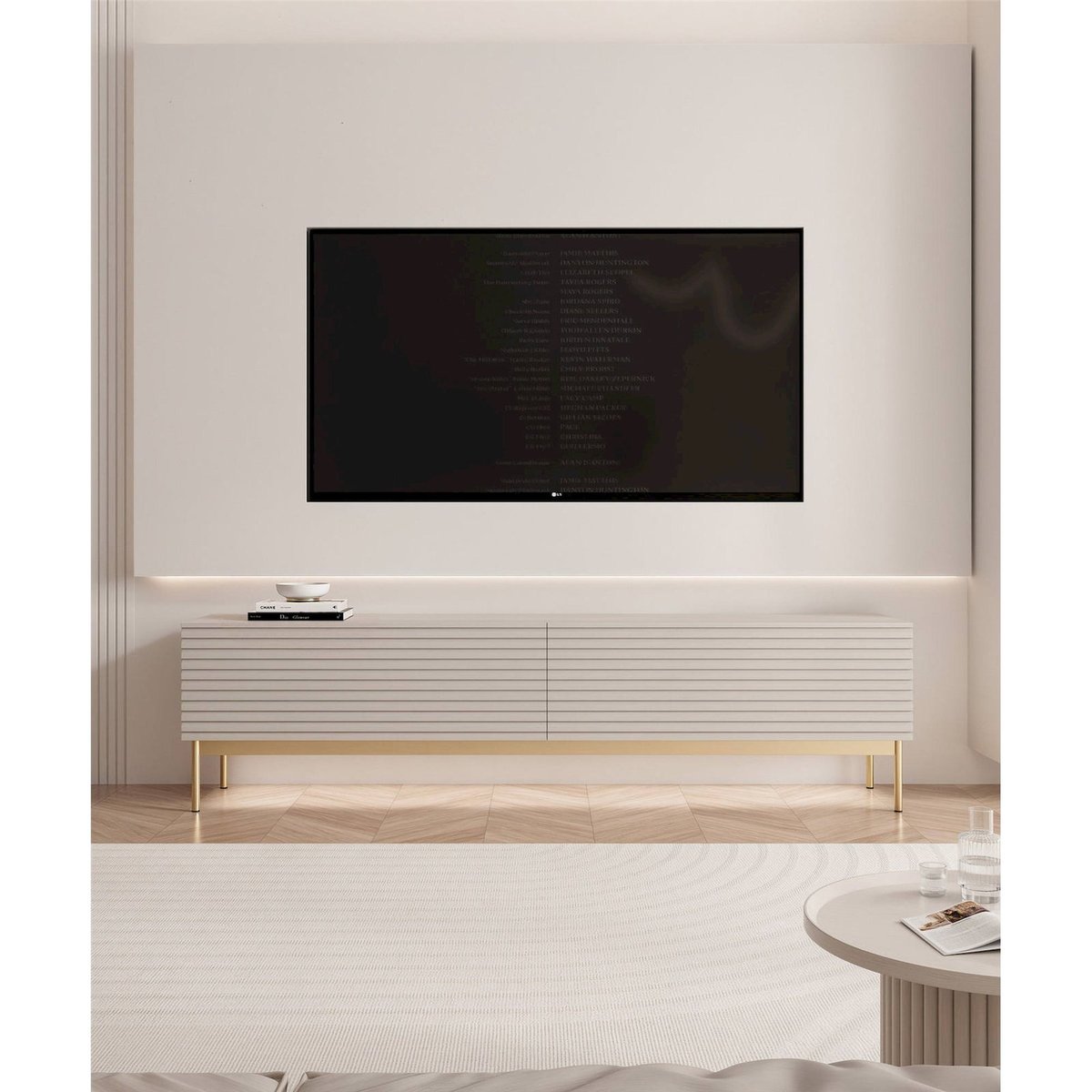 Meuble tv rainuré LED intégrée LINEARIS cachemire et doré, RECOLLECTION