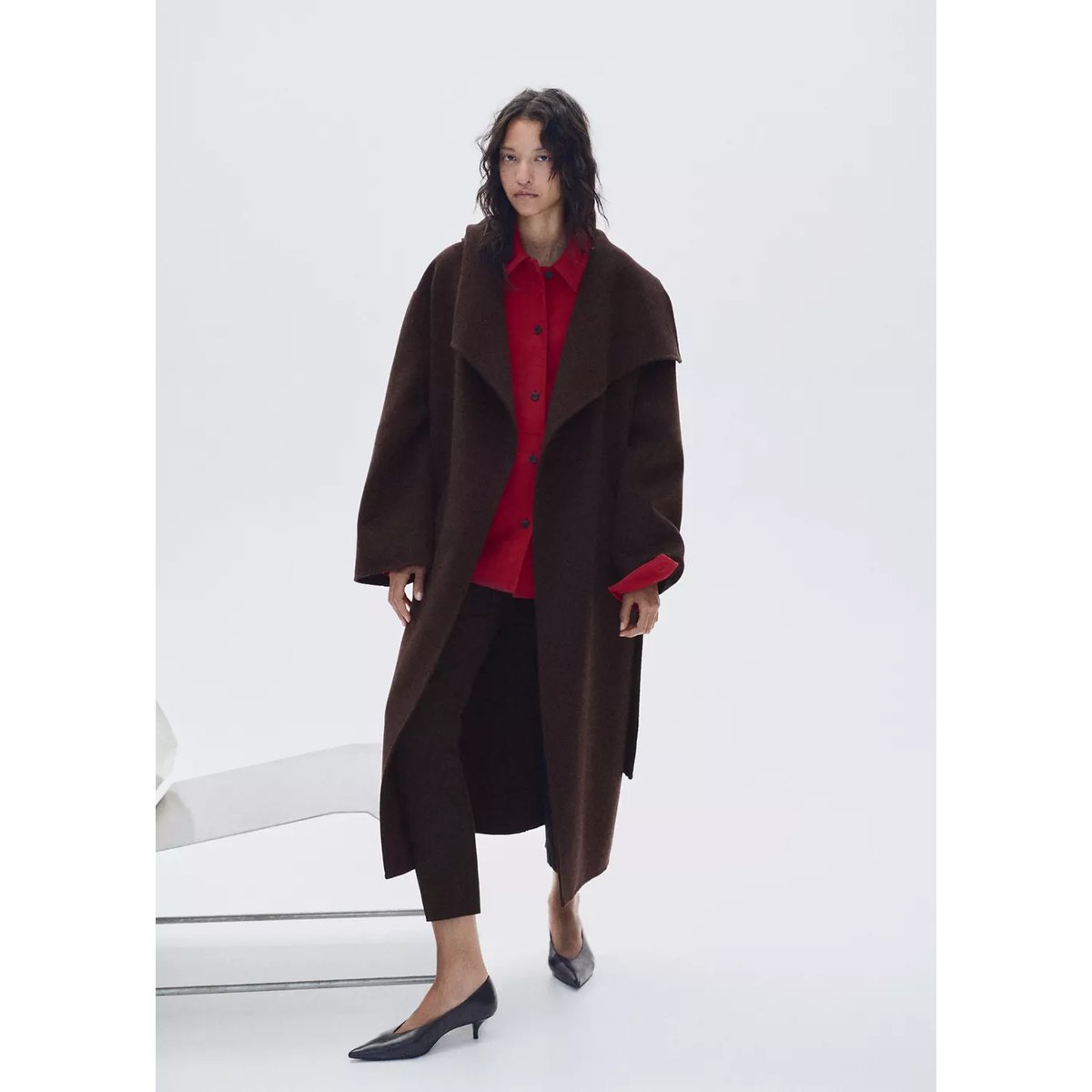 Manteau laine ceinture chocolat, MANGO