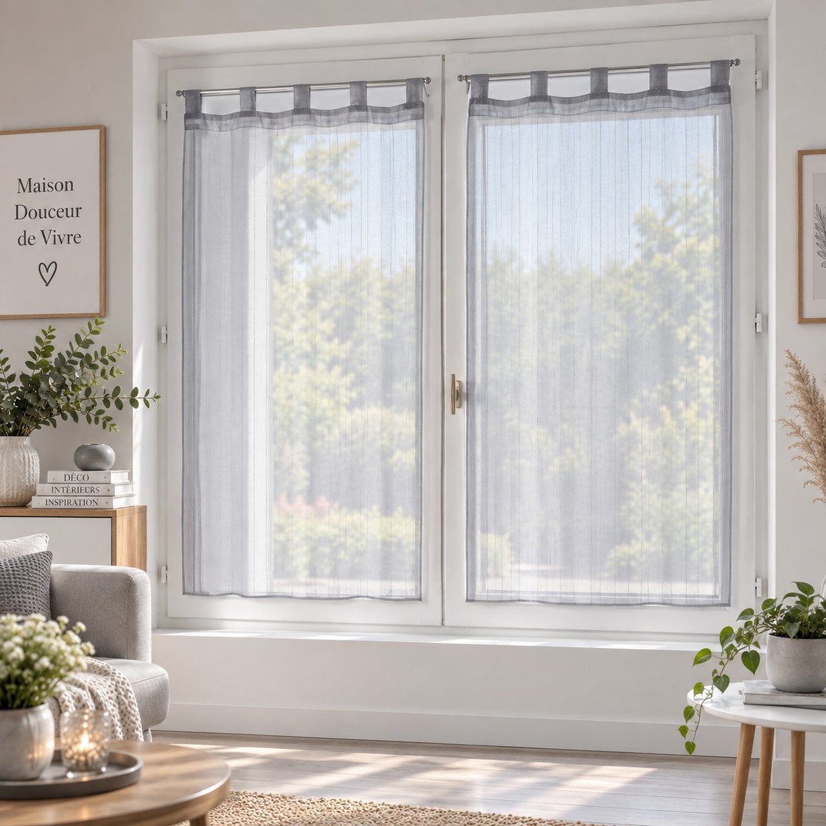 Paire de Voilage raye Horizon gris, EDEN
