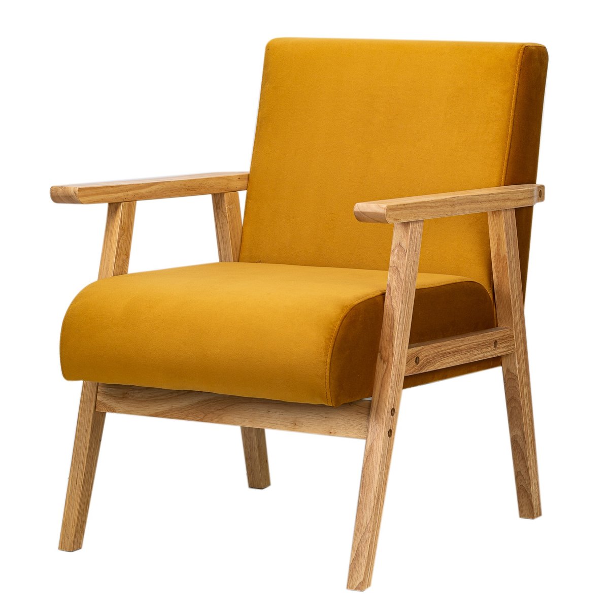 Fauteuil de salon en bois massif, LOUIS jaune moutarde, NORDLYS