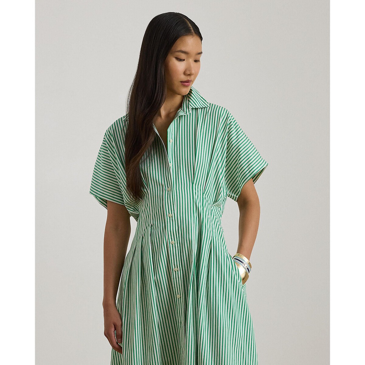 Vestido camisero midi de manga corta con estampado a rayas, RUSHANIA rayas verde/blanco, LAUREN RALPH LAUREN