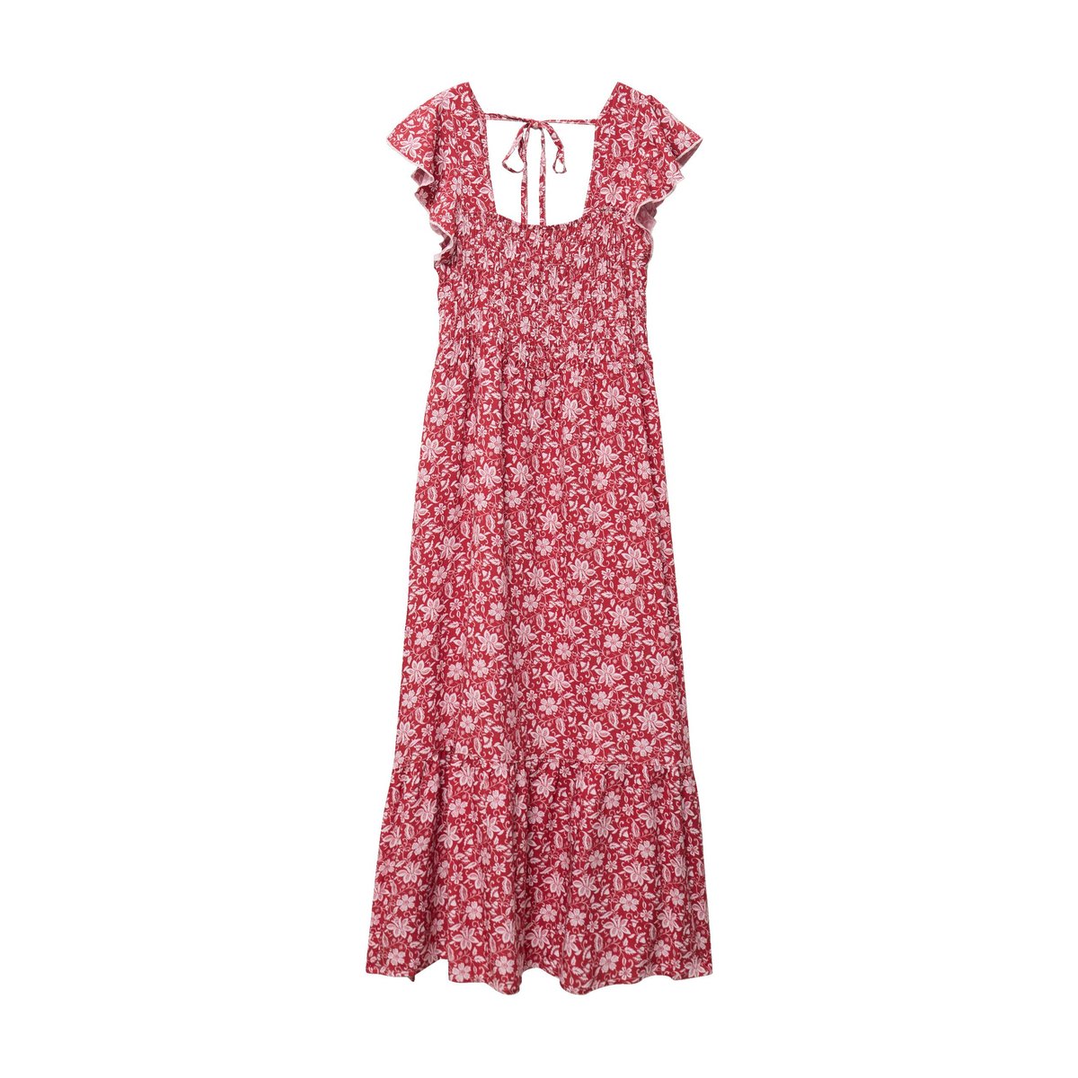 Robe longue évasée smockée rouge, CACHE CACHE