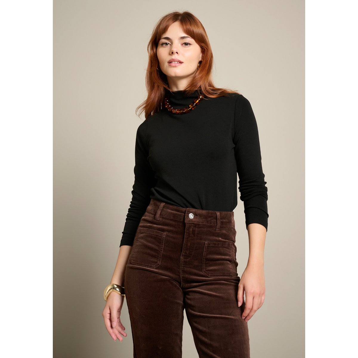 T-shirt col montant manches longues noir, LOLALIZA