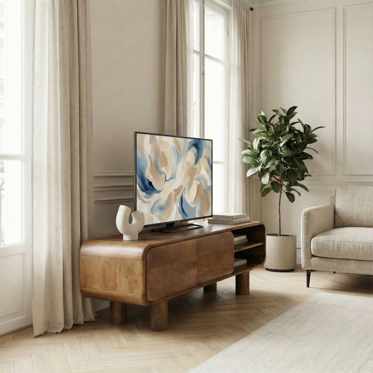 Meuble tv 2 portes en bois massif L140cm- SIRA bois foncé, DRAWER