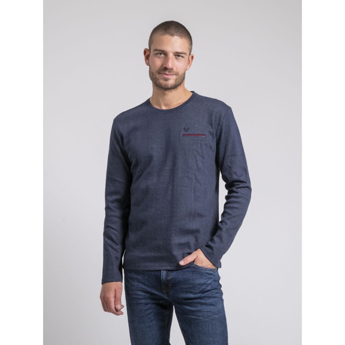 T-shirt Manches Longues Col Rond Pur Coton Jaboutix bleu marine, RITCHIE