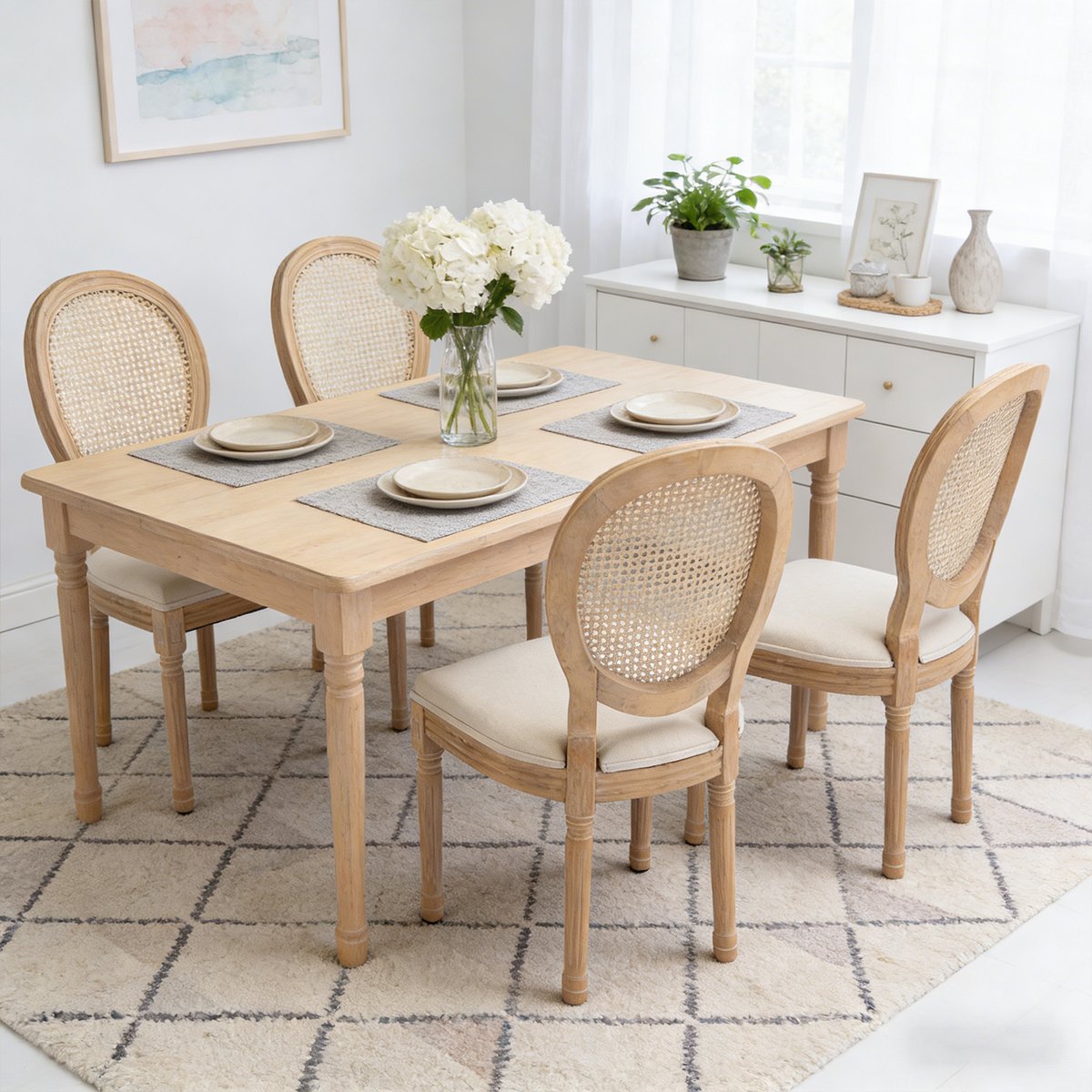 Lot de 4 chaises de salle à manger style classique en rotin, KOARAT beige, MEUBLES COSY