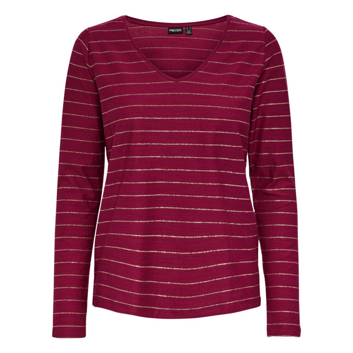 T-shirt col V Pcmilona en coton mélangé framboise à rayures dorées framboise, PIECES
