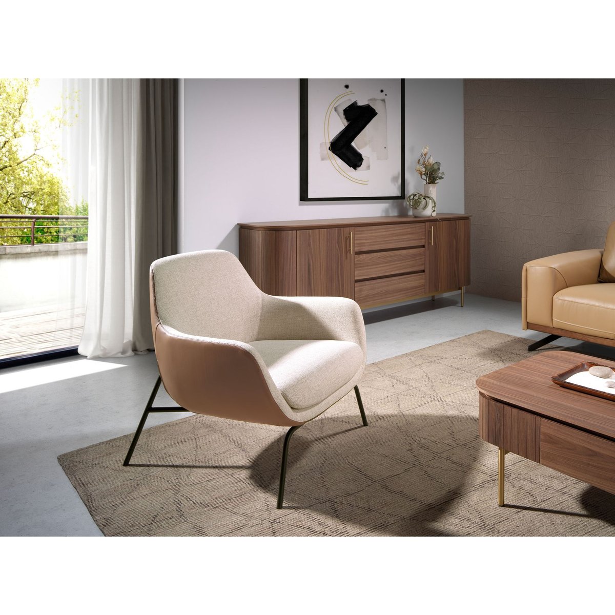 Fauteuil en tissu crème et similicuir marron crème | marron | noir, ANGEL CERDA
