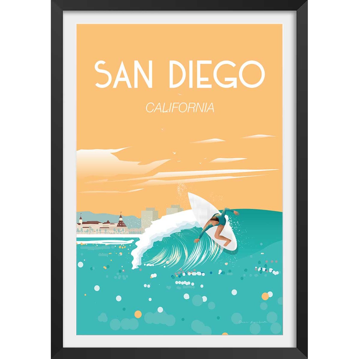 Affiche ville voyage San Diego California affiche + cadre en bois - noir, HEXOA