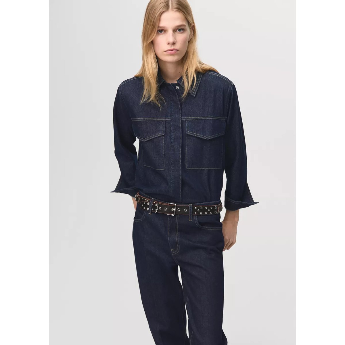 Jean droit revers couture bleu foncé, MANGO