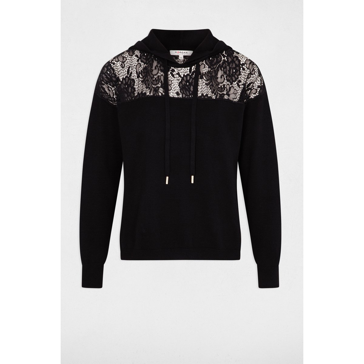 Pull capuche détails dentelle noir, MORGAN