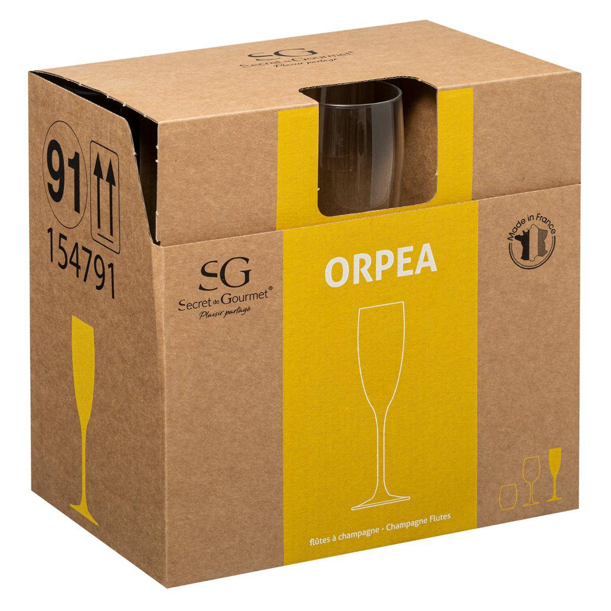 Lot de 6 flûtes à champagne en verre 16 cl ORPEA transparent, SECRET DE GOURMET