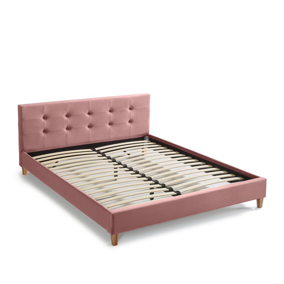 Lit en velours avec pieds en bois vieux rose, TERRE DE NUIT