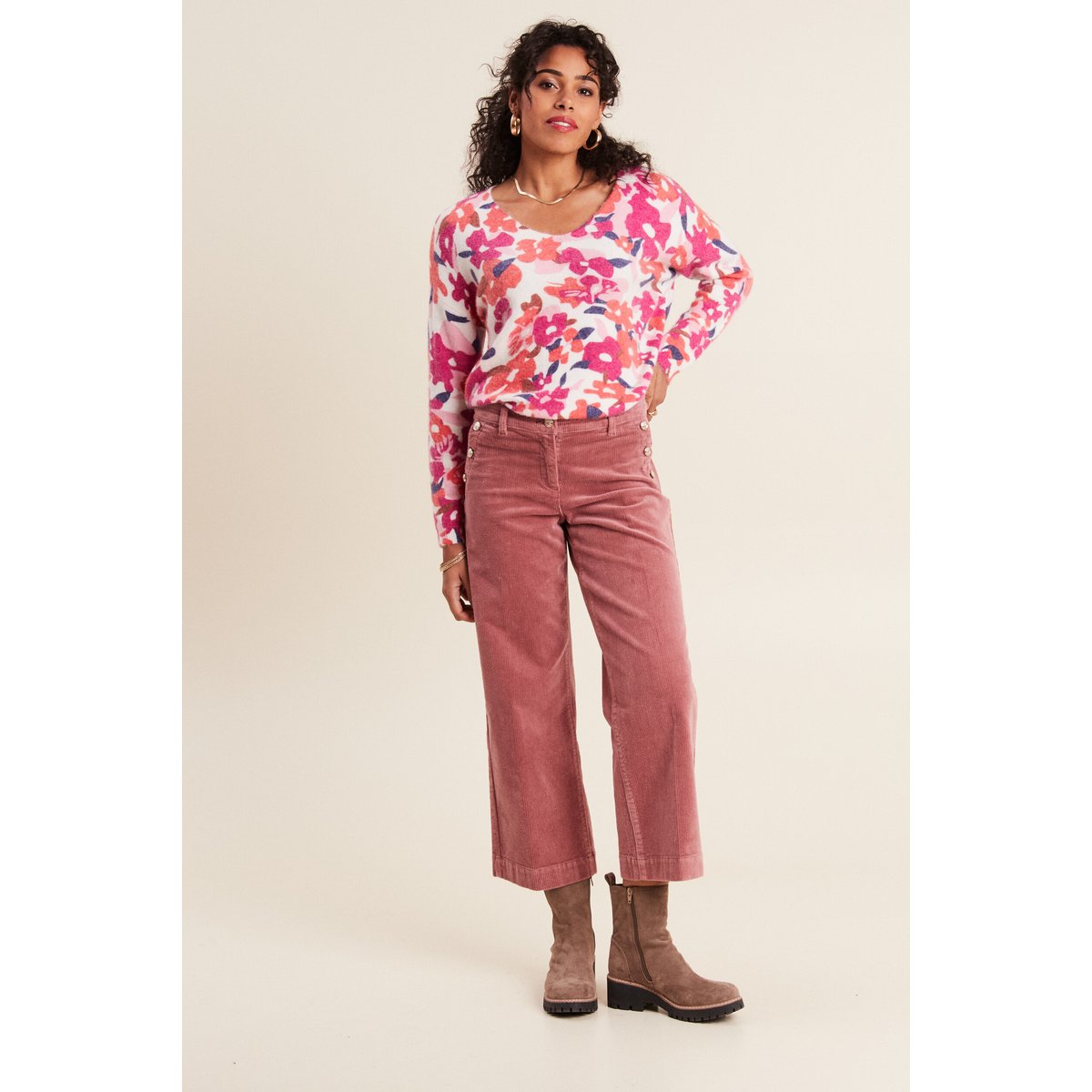 Pantalon large velours côtelé rose framboise, BREAL