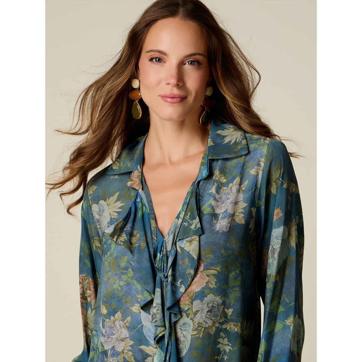 Blouse fantaisie à volants bleu, OLTRE