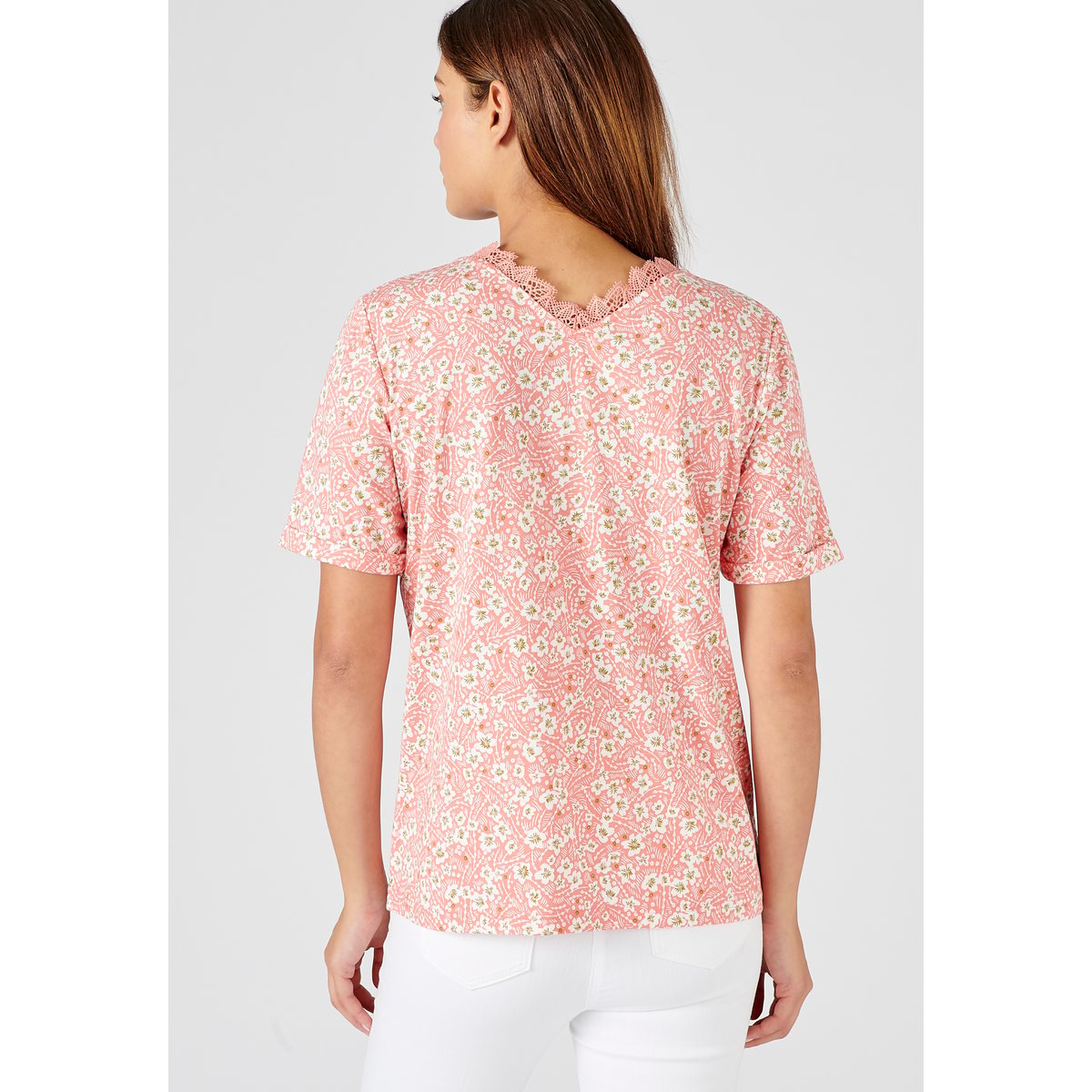 Tee-shirt imprimé détails dentelle orange corail fleuri, DAMART