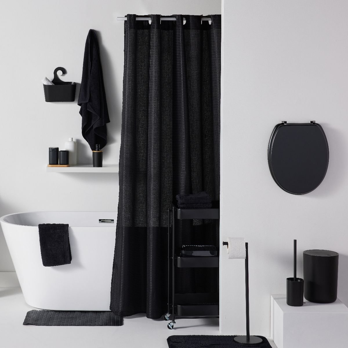 Rideau de douche tissu gaufré à crochets uni BATHROOM noir, UTILITY