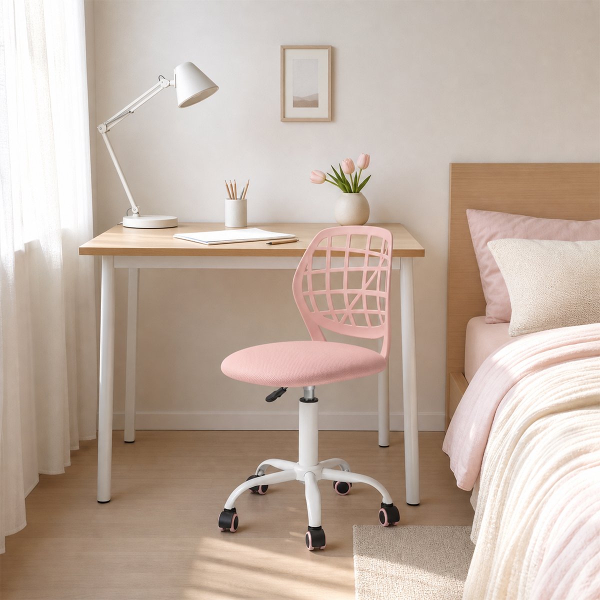 Chaise de bureau pivotante réglable en hauteur en maille, CARNATION PLICA rose blush, MEUBLES COSY
