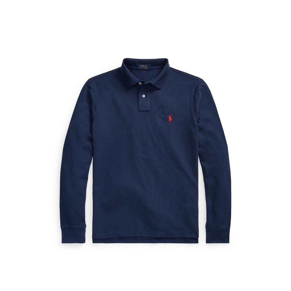 Pólo de manga comprida em piqué azul escuro, POLO RALPH LAUREN