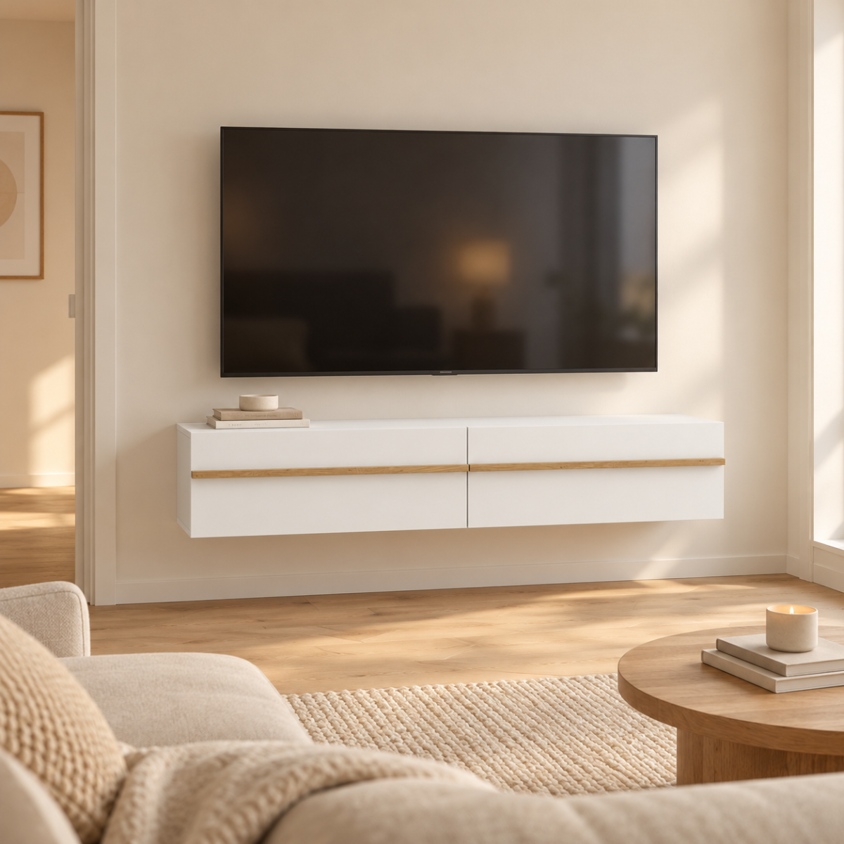 Meuble TV suspendu 2 abattants - ALBAN blanc, CALICOSY