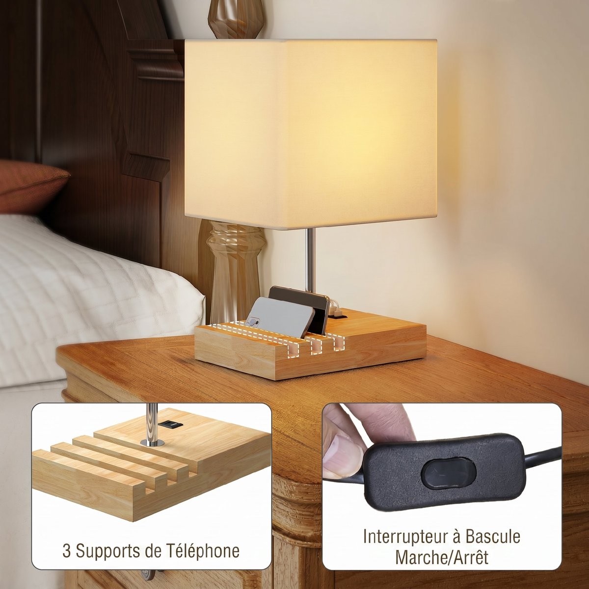 Lampe de table Bois Blanc blanc, bois naturel, chromé, HOMCOM