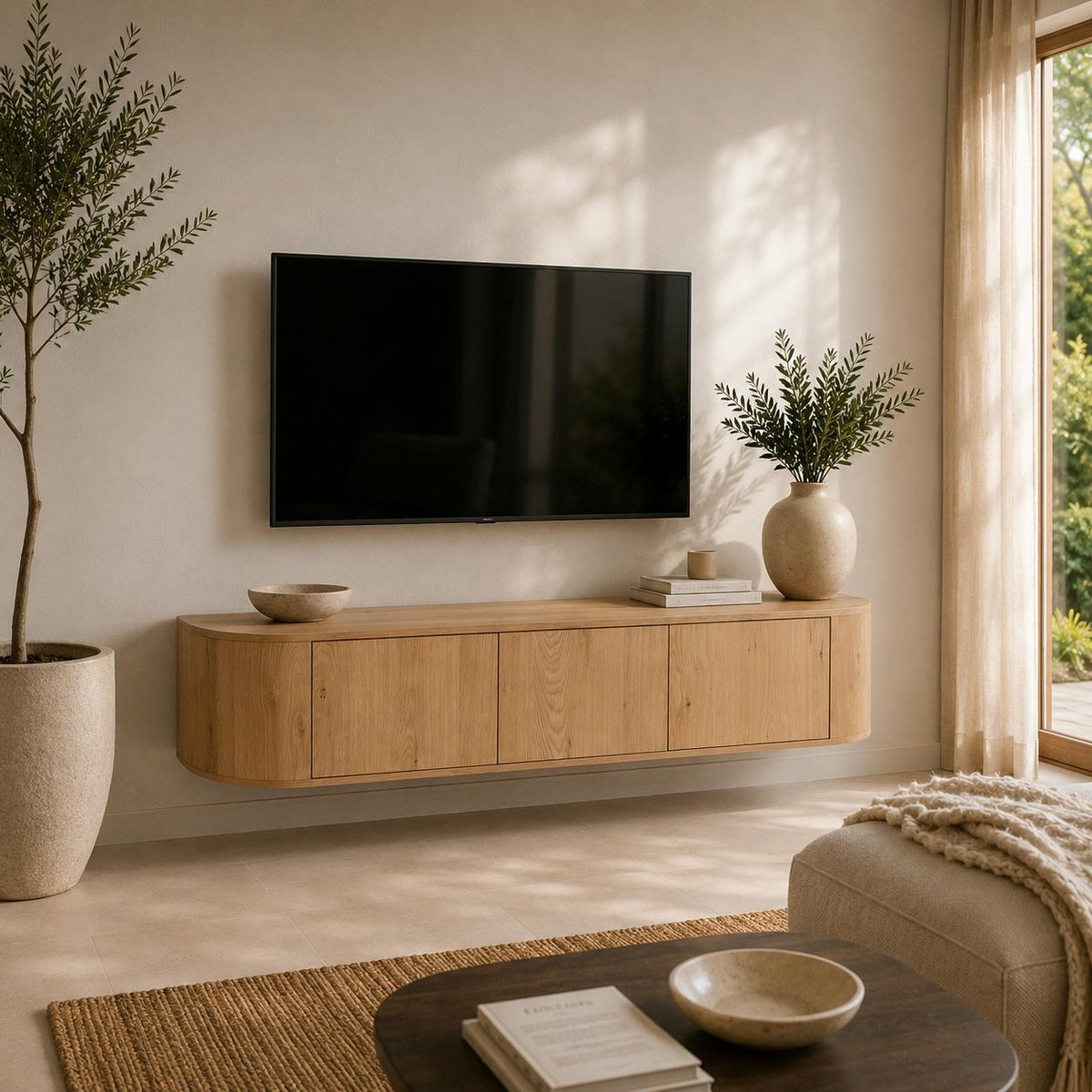 Meuble TV mural 180 cm, 3 portes LOREN bois clair, PIER IMPORT