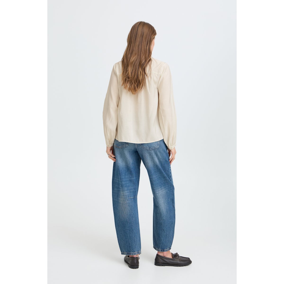Blouse manches longues, col tunisien, broderies sur épaules et poitrine blanc birch, B.YOUNG