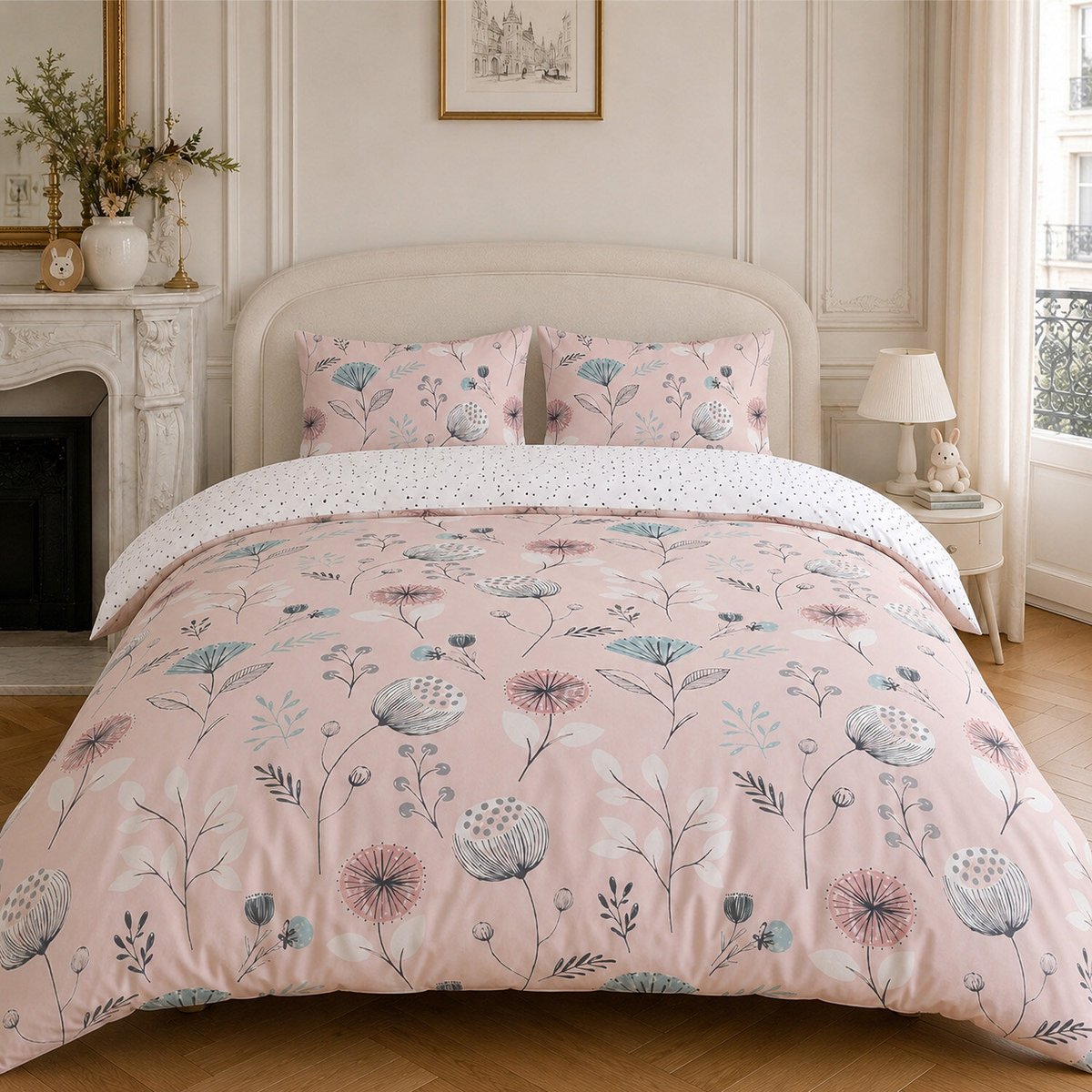 Parure housse de couette en coton floral rose, OLIA rose, C DESIGN HOME TEXTILE