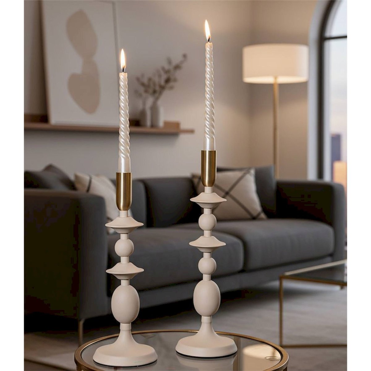 Bougeoirs en fer sculpturaux lot de 2 GLAM crème et doré, RECOLLECTION