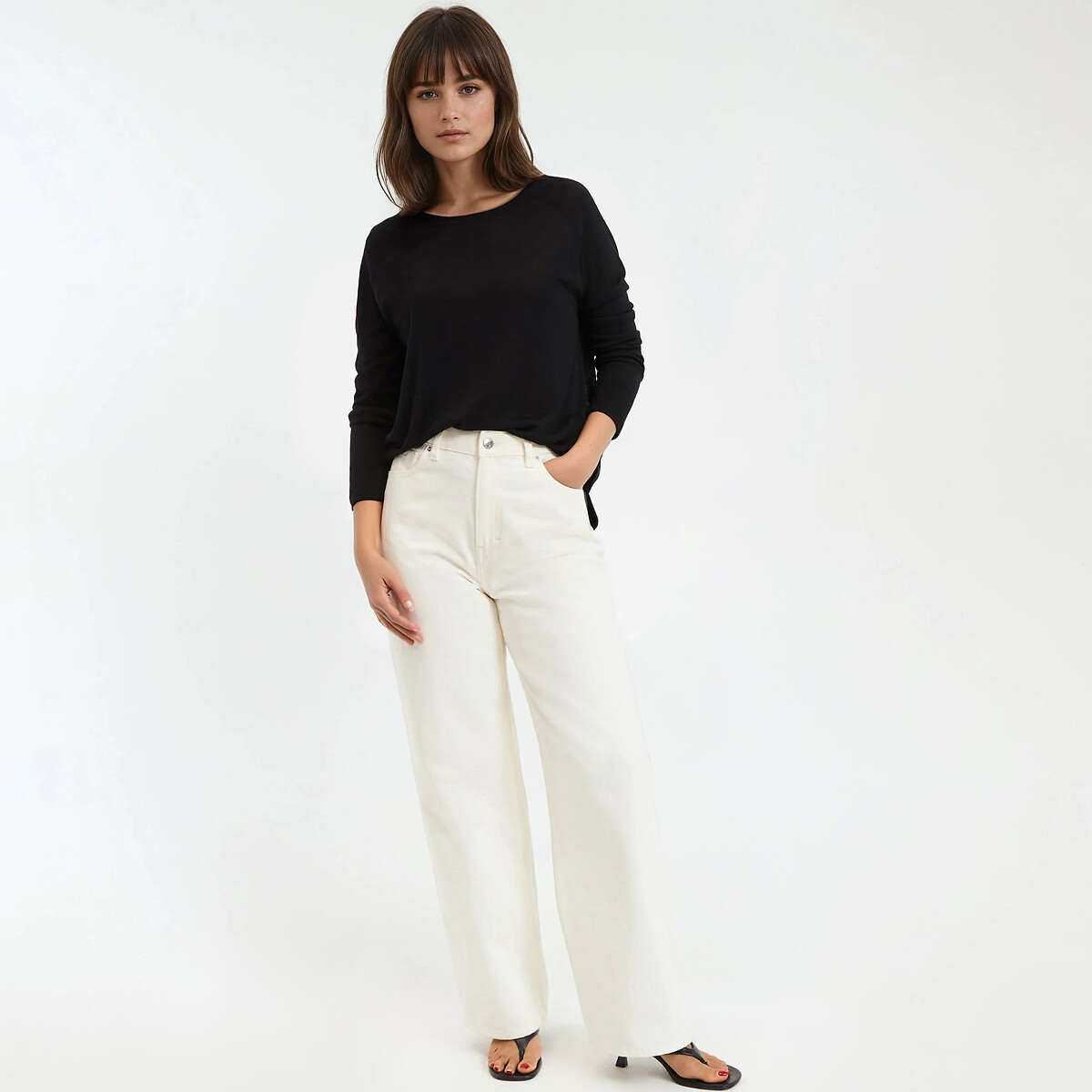 Pull col rond en maille fine, manches longues noir, LA REDOUTE COLLECTIONS