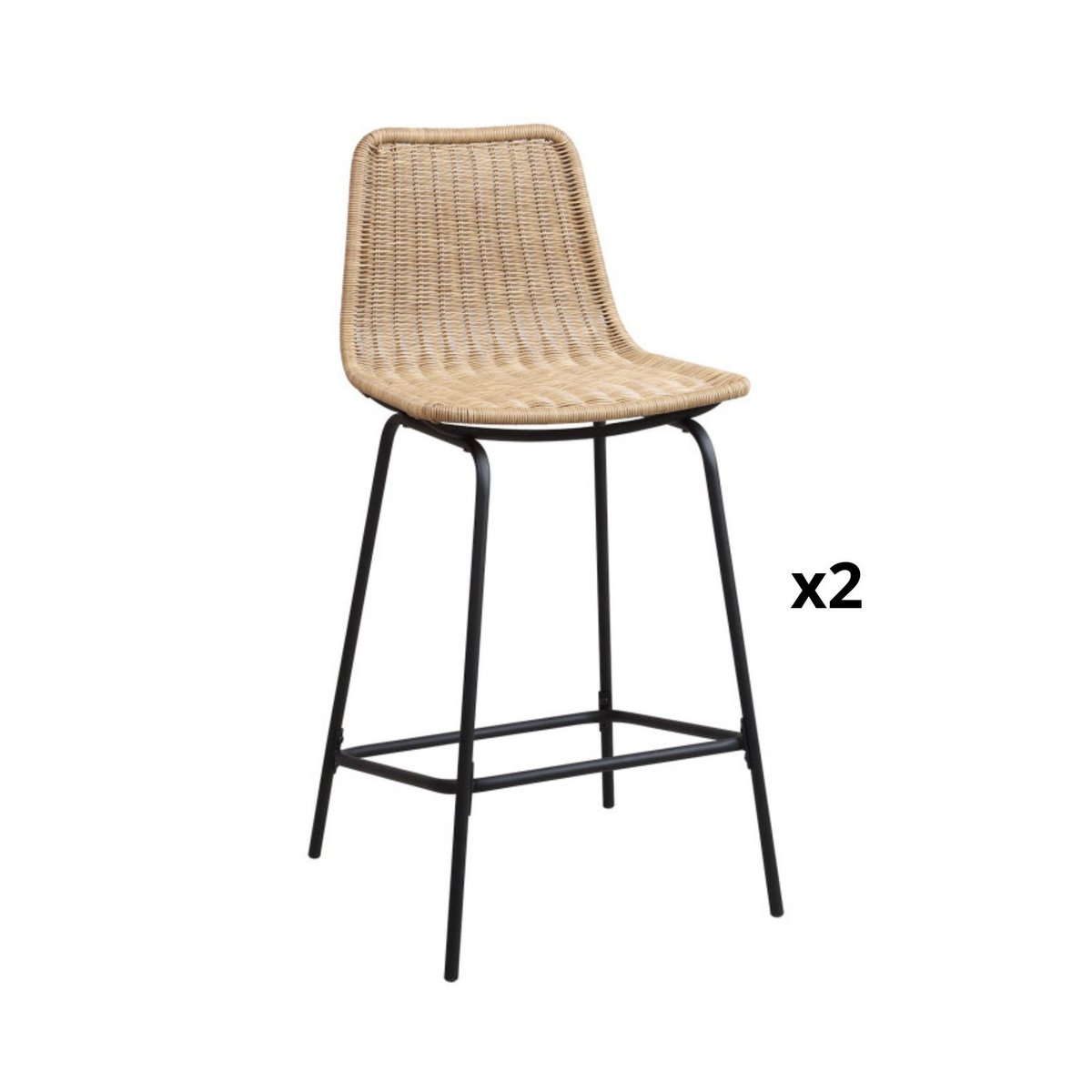 Lot de tabourets d'ilot et bar en métal et assise en rotin 65cm BALI|Lot de 2 | Lot de 2 naturel, MOB IN