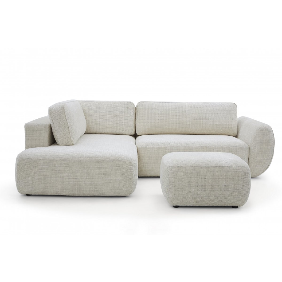 Canapé d'angle convertible 4 places en tissu texturé avec pouf, DENISE blanc, BOBOCHIC