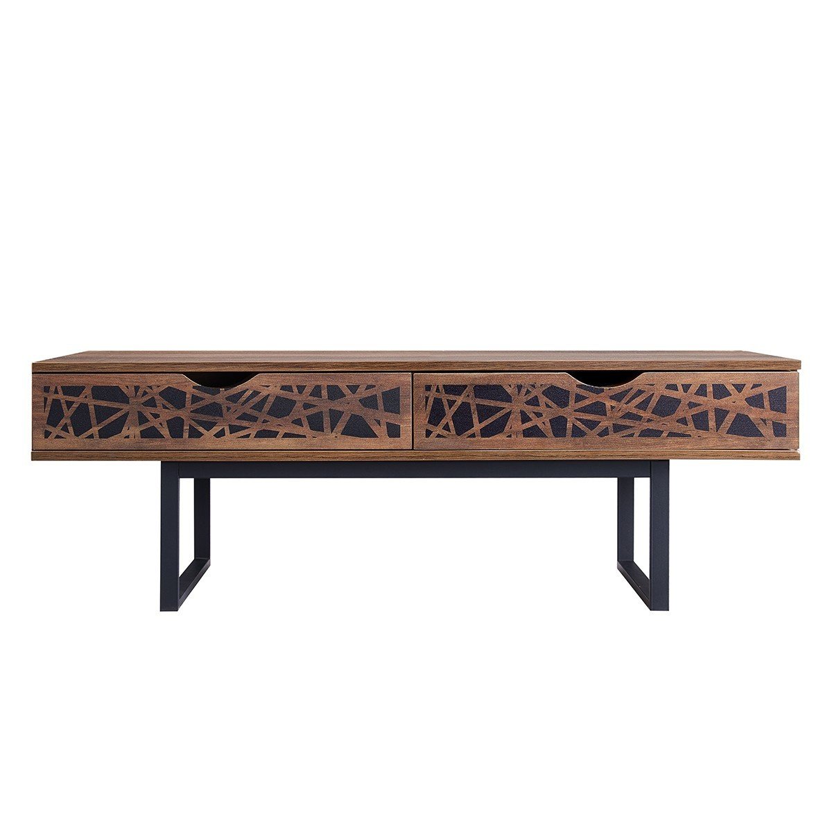 Table basse 2 tiroirs décor bois et motifs noirs L120 cm - Anaëlle bois foncé, CALICOSY