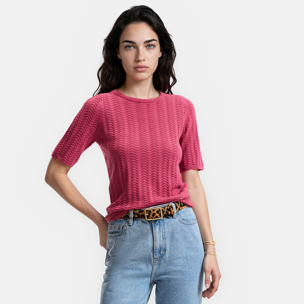 Jersey de manga corta y cuello redondo de punto pointelle rosa palo, LA REDOUTE COLLECTIONS