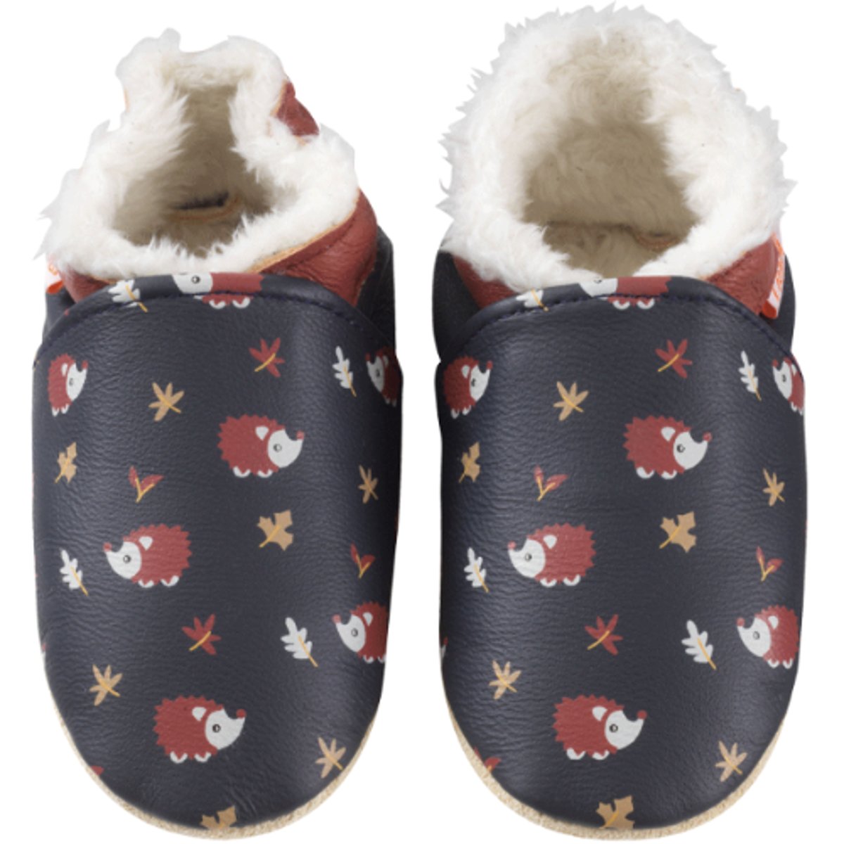 Chaussons cuir souple fourrés Philéon les hérissons bleu marine, TICHOUPS