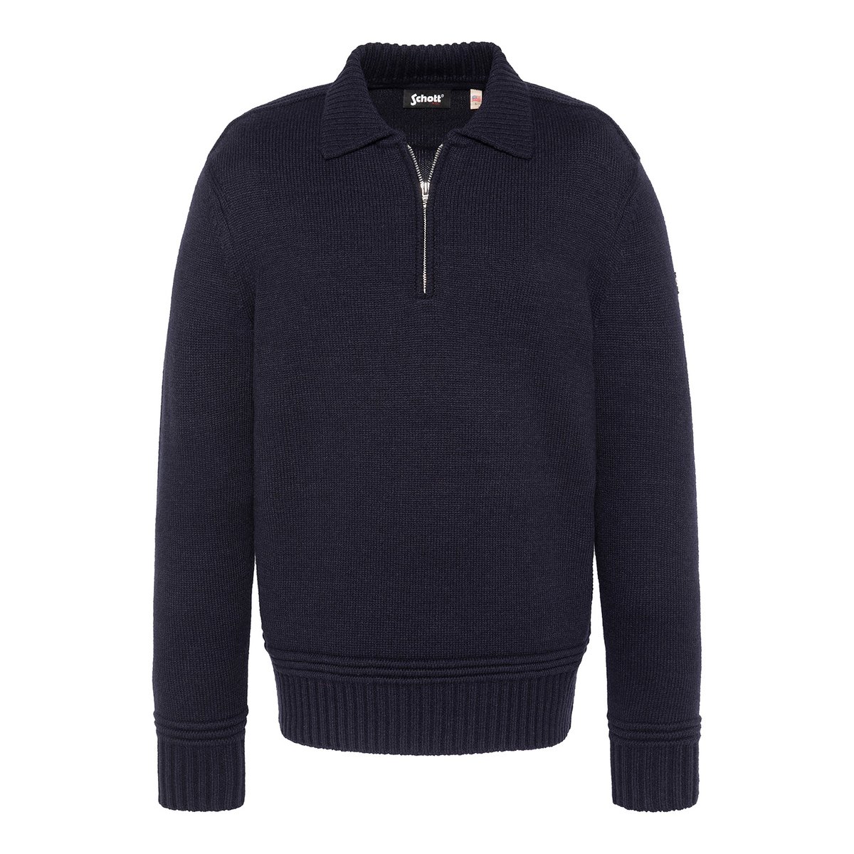 Pull col polo zippé maille fantaisie bleu marine, SCHOTT