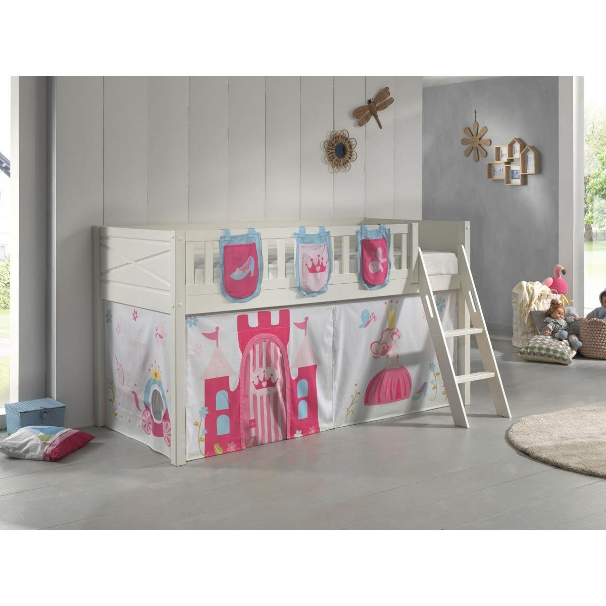 Scott Lit Mezzanine et Rideau Princess 3 Sacs Rangement couleur unique, VIPACK