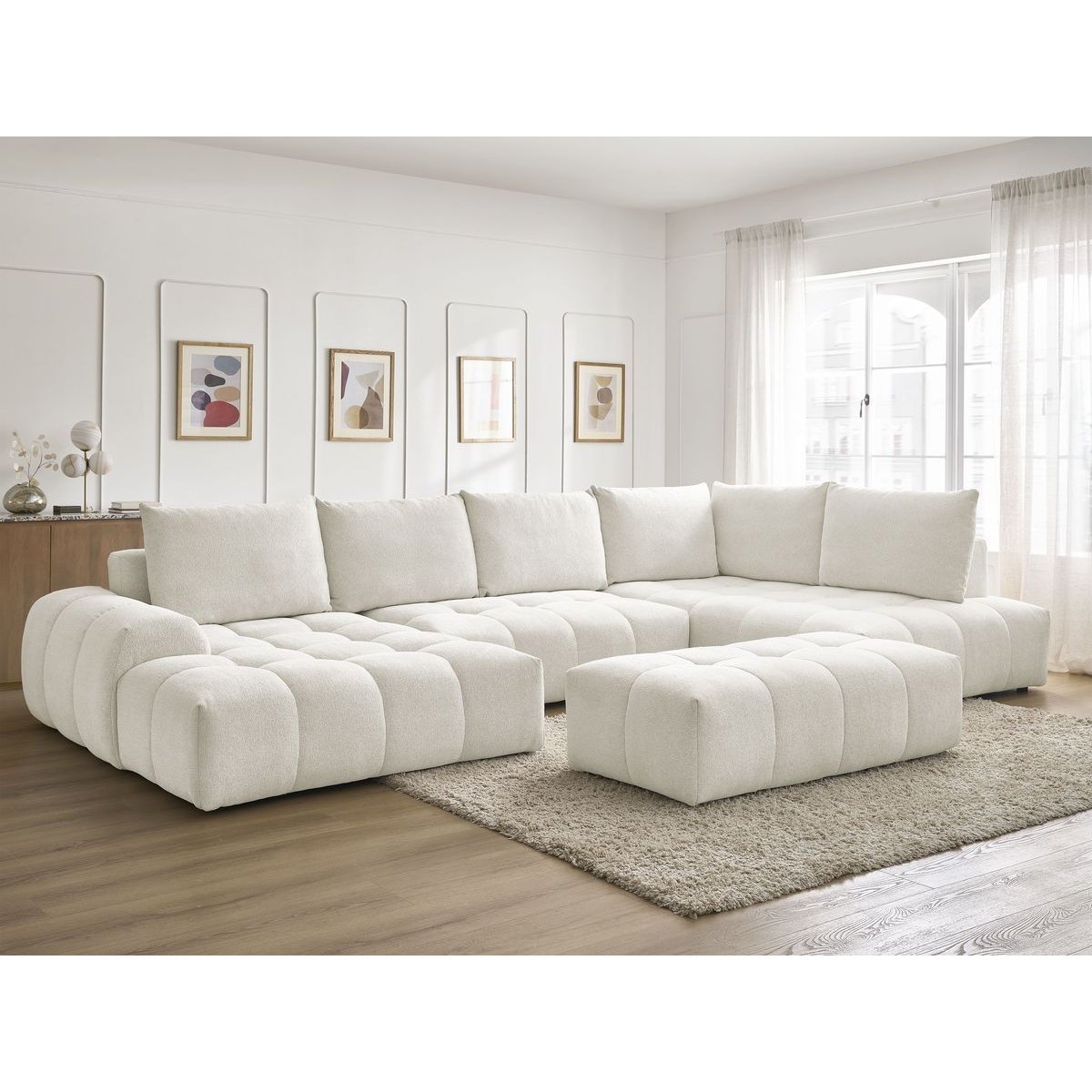 Canapé panoramique convertible 7 places en tissu chiné avec pouf, EVEREST blanc, BOBOCHIC