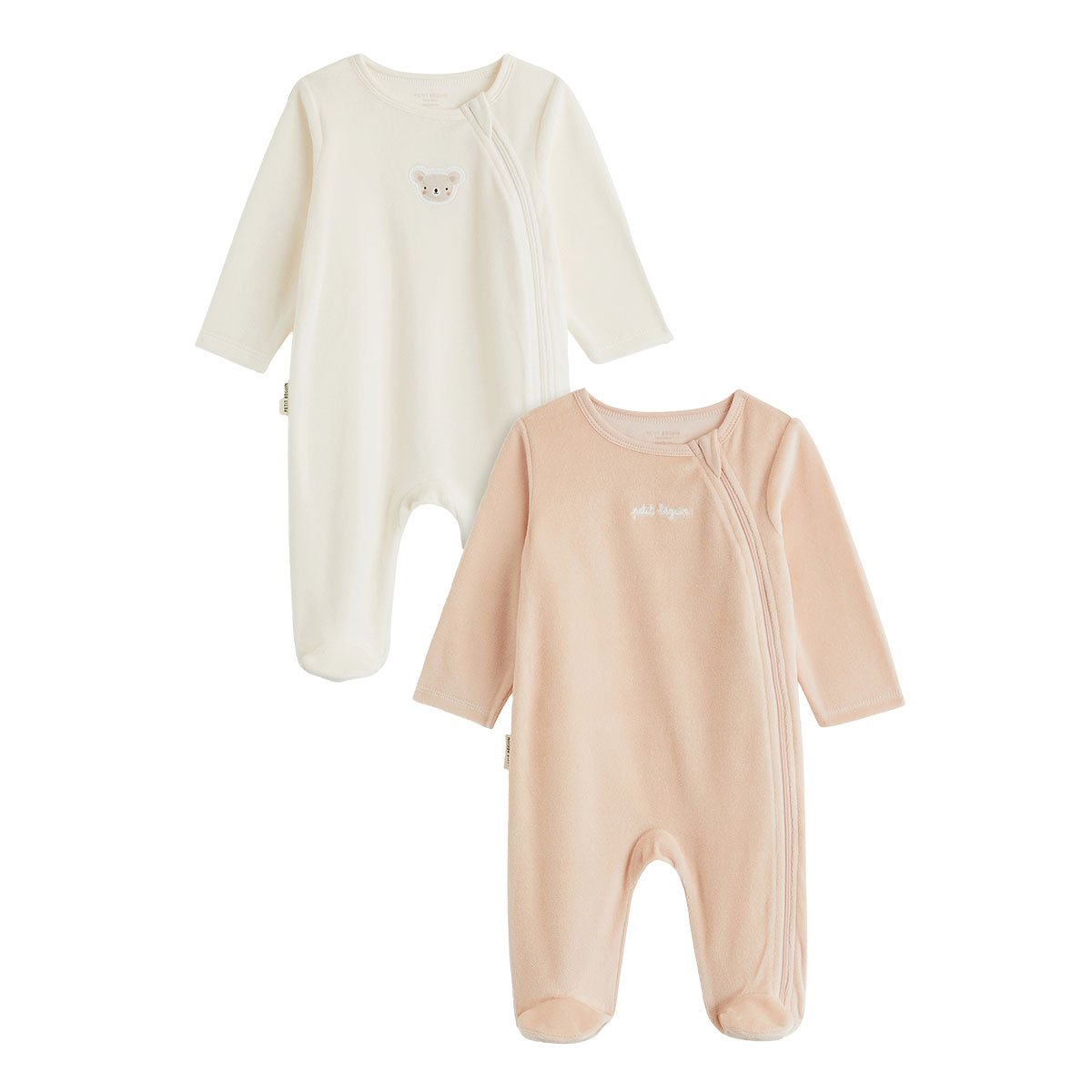 Lot de 2 pyjamas bébé en velours ouverture zippée rose, PETIT BEGUIN