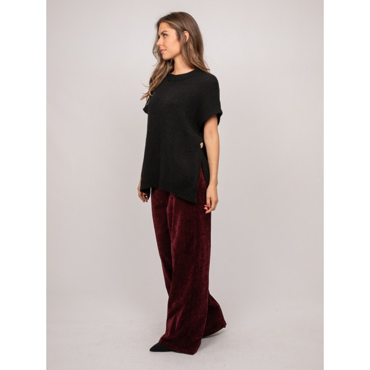 Pull Oversize Manches Courtes Grosse Maille Kireve noir, DONA LISA